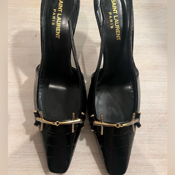 SAINT LAURENT BLADE SLINGBACK PUMPS IN CROCODILE-EMBOSSED PATENT LEATHER - Picture 2 of 14